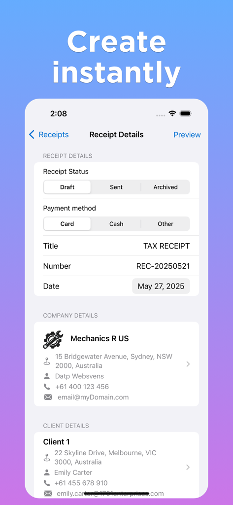Receipt Maker Generator - A mobile interface of the Receipt Maker Generator app showing the form for creating a professional tax receipt with business and client details.