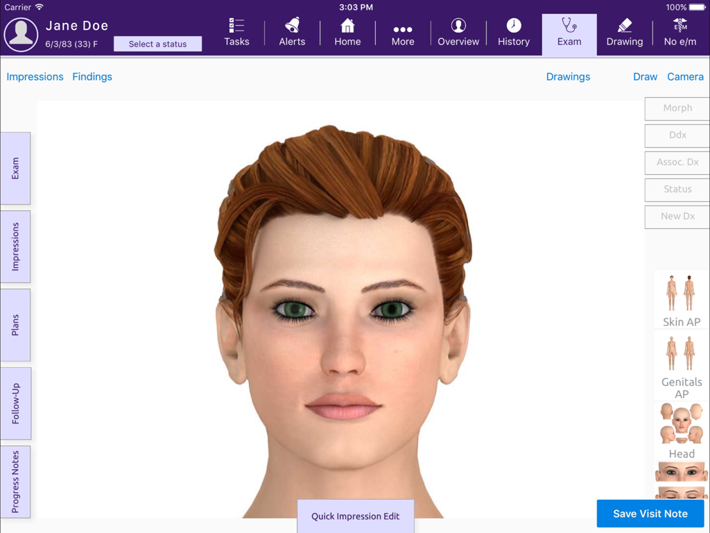 ModMed Practice - Anatomical head model on the ModMed Practice iPad app for medical exam documentation.