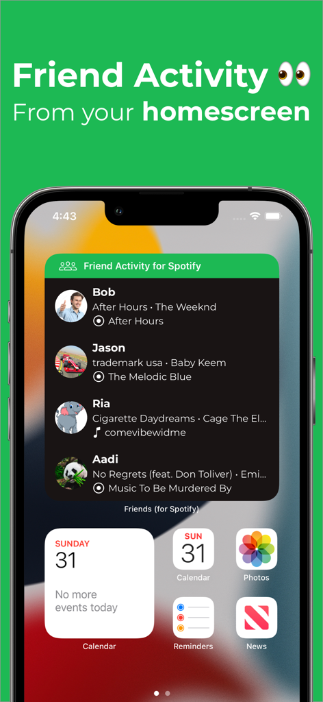 iPhone-Startbildschirm, der das Friend Activity für Spotify-Widget mit Freunden und ihrer aktuellen Musik anzeigt