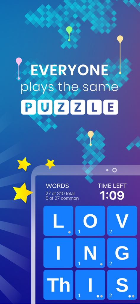 WordHero: word search game - WordHero game screen showing a 4x4 letter grid and the text Everyone plays the same puzzle