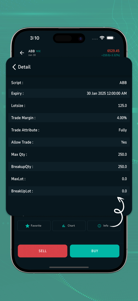 A mobile interface showing detailed stock simulation data including lot size and margin with buy and sell buttons