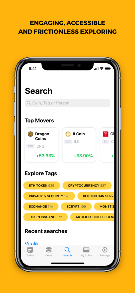 COINS: One App For Crypto - COINS app search screen showing top market movers and cryptocurrency category tags