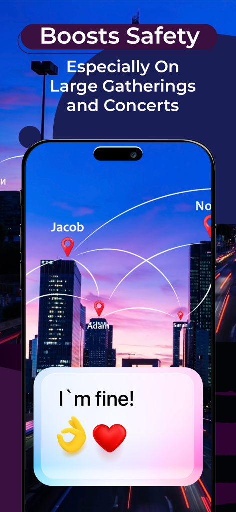 Phone tracker app interface showing location pins for friends over a city skyline at night with an im fine status update