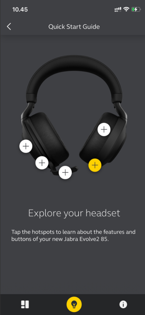Quick start guide for Jabra Evolve2 85 headphones in the Jabra Sound plus app showing interactive hotspots