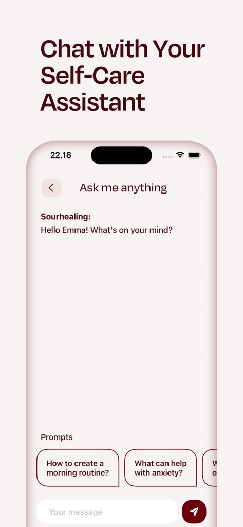 Chat interface of the Sourhealing app showing a self care assistant with prompts for anxiety and morning routines.