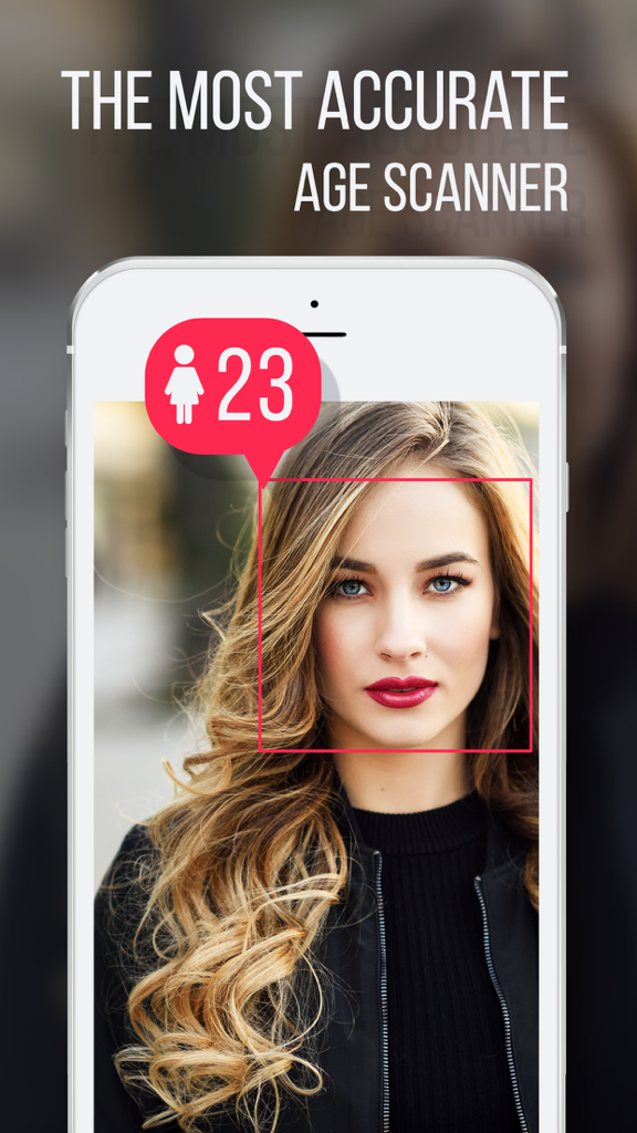iPhone screen showing a facial recognition scan predicting a woman's age as 23