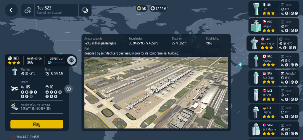 Airport management menu for Washington Dulles IAD in World of Airports game