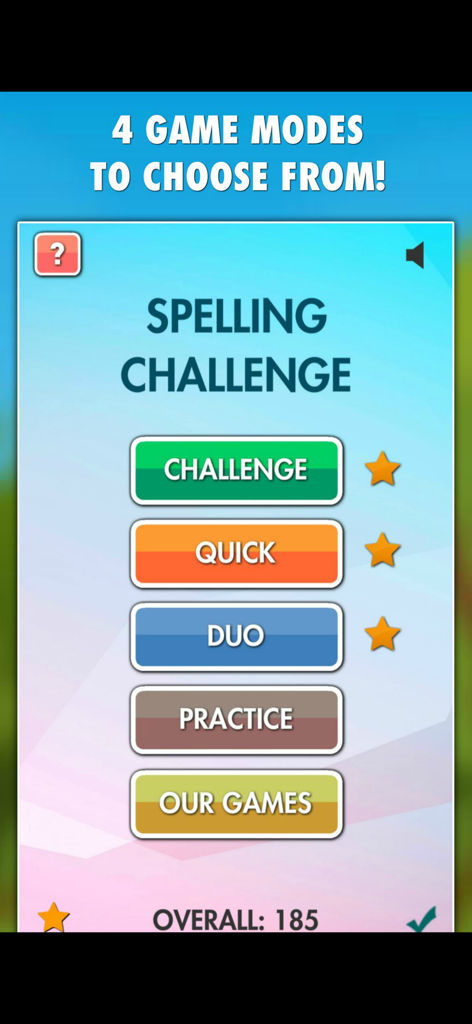 Spelling Challenge Game - La pantalla del menú principal de Spelling Challenge Game que muestra cuatro modos de juego: Desafío, Rápido, Dúo y Práctica.