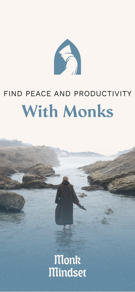 Monk Mindset - Un monje caminando a través de agua poco profunda hacia una costa rocosa con texto promoviendo la paz y la productividad.