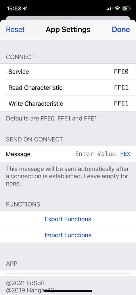 BLESerial HM-10 - BLESerial HM-10 App Settings screen showing Bluetooth service and characteristic configurations for IoT debugging