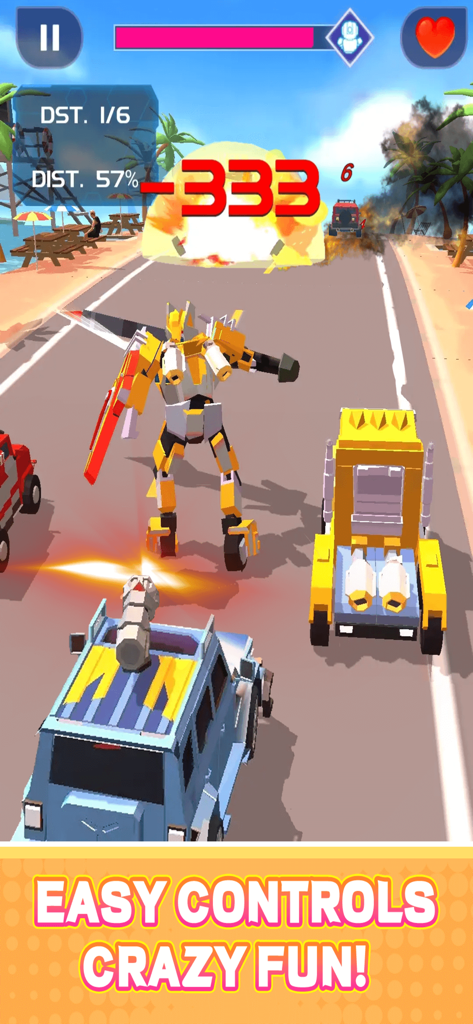 Smash Car: Robot Racing - Um robô mecha amarelo gigante destruindo veículos com uma explosão em uma estrada tropical em Smash Car Robot Racing.
