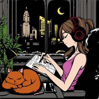 peaceful lofi girl sitting on her gaming chair with a calm atmosphere listening to jazz music with her black headphones. sitting sleepily on her lap is her white cat with blue eyes. she is journaling with an apple pencil on her ipad pro.  there is a window which has a sight of of beautiful city skyscrapers. it is night time