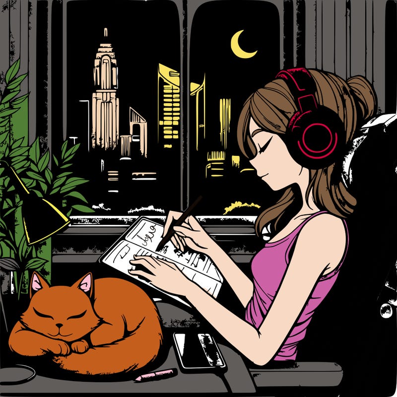 peaceful lofi girl sitting on her gaming chair with a calm atmosphere listening to jazz music with her black headphones. sitting sleepily on her lap is her white cat with blue eyes. she is journaling with an apple pencil on her ipad pro.  there is a window which has a sight of of beautiful city skyscrapers. it is night time