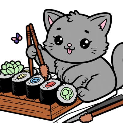kitten playing with sushi