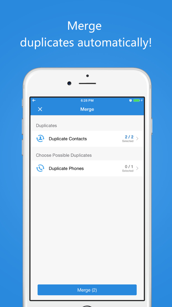 Contact Cleanup - A mobile interface of the Contact Cleanup app showing the feature to automatically merge duplicate contacts and phone numbers.