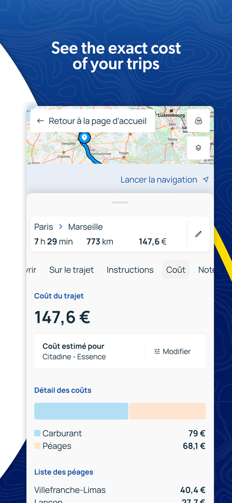 ViaMichelin app screen showing exact cost calculation for a trip with detailed fuel and toll expenses.