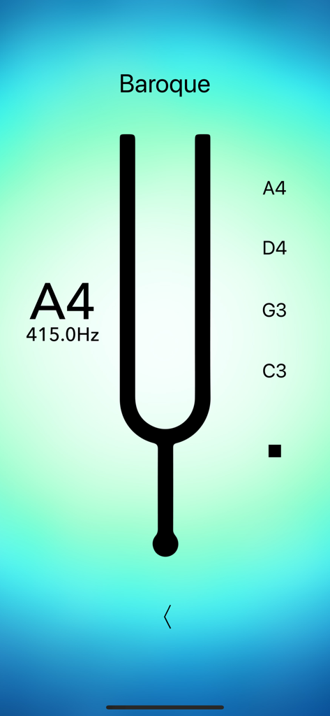 Viola Tuner Professional - Viola Tuner Professional app showing Baroque pitch calibration at 415 Hertz with a tuning fork icon