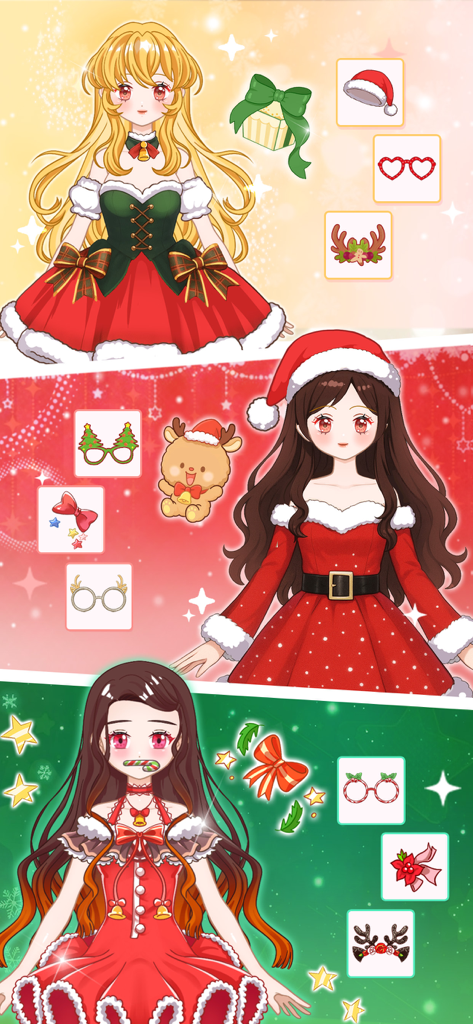 Idol Livestream: Doll Dress Up - Trois poupées anime portant diverses tenues sur le thème de Noël et des accessoires de vacances