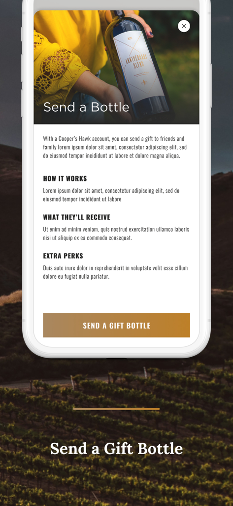 Cooper's Hawk mobile app screen explaining the Send a Gift Bottle feature for wine club members