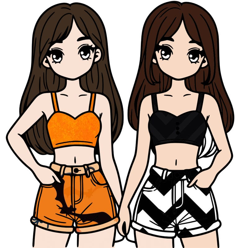 two sisters with crop tops and jean shorts and straight hair