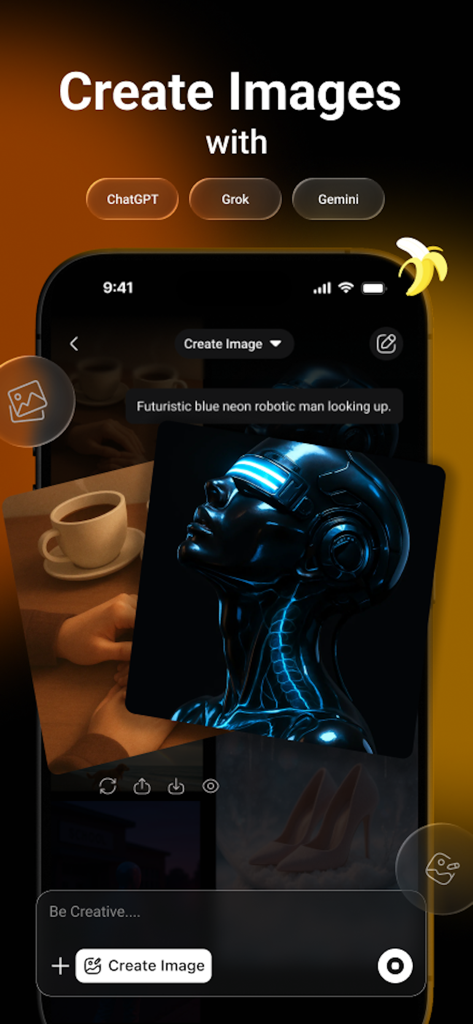 ChatAll : Ask AI Anything 5.4 - Interfaz del generador de imágenes de IA que muestra un hombre robótico futurista creado con múltiples modelos de IA