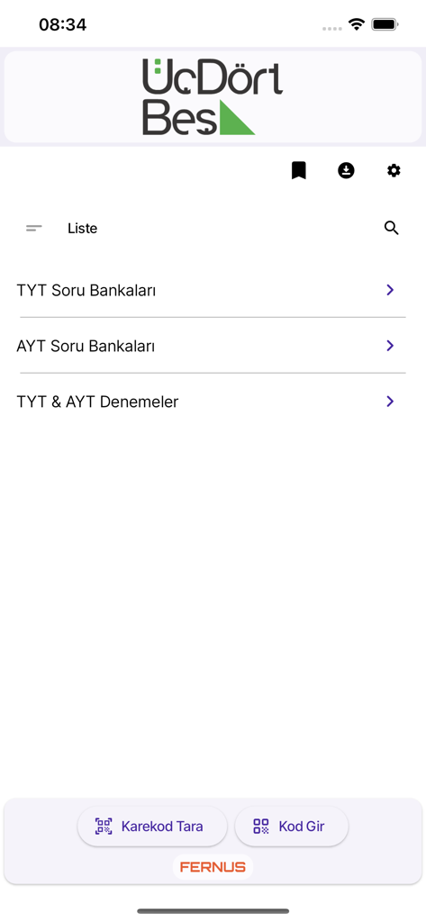 Main menu of the ÜçDörtBeş Video Çözüm app showing TYT and AYT exam categories and QR code scanning options.