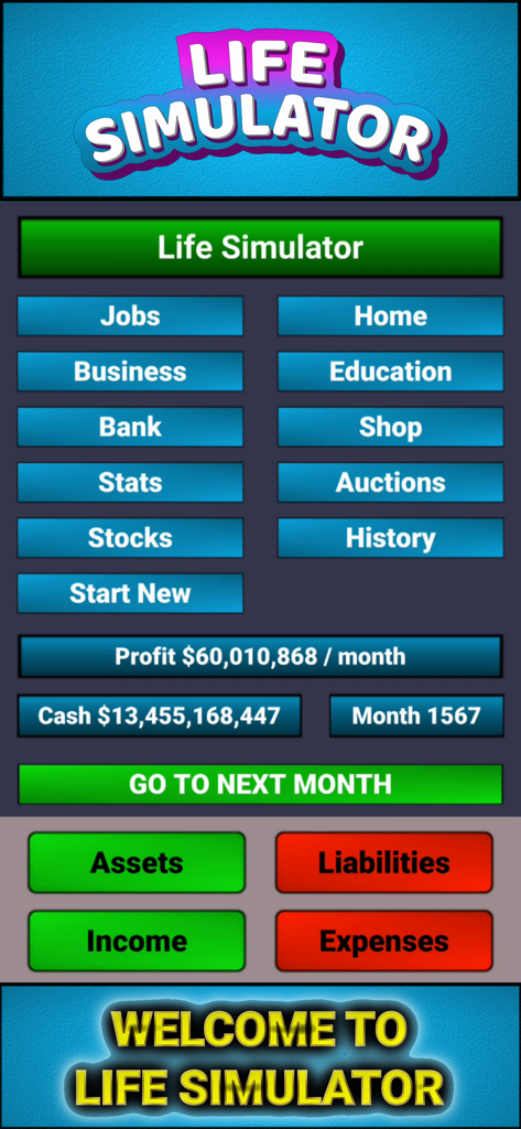 Life Simulator - Business Game - Main menu screen of Life Simulator Business Game featuring financial stats and business management options