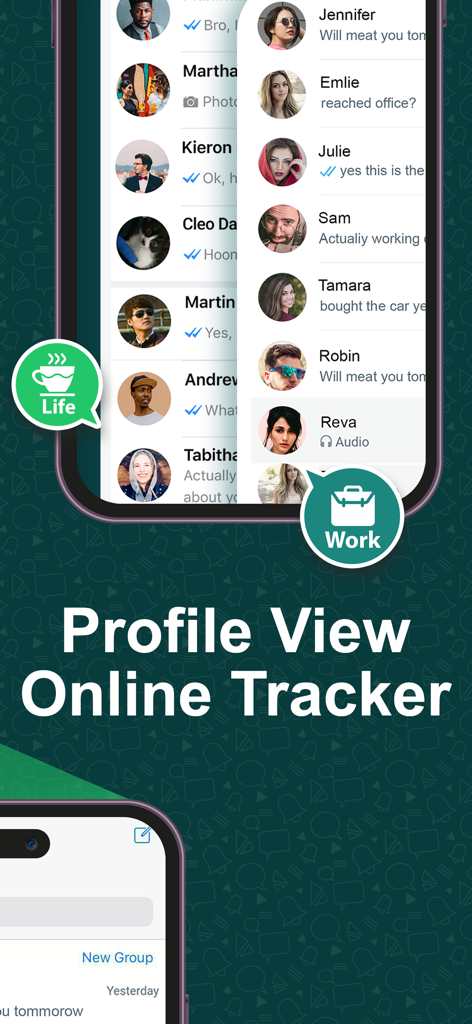 Interface of Whats Tracker showing separate work and life contact lists for online tracking and profile viewing.