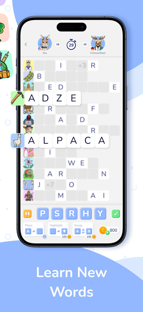 A smartphone screen showing the WordPix crossword puzzle gameplay with picture clues and a multiplayer match interface.