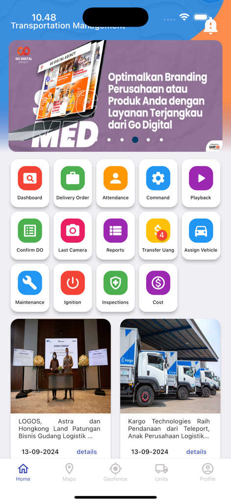 TMS Easygo - The home screen of the TMS Easygo app displaying various logistics and fleet management tools like delivery orders and real time tracking icons