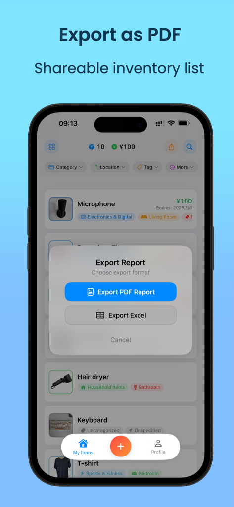 MyThings – Personal Inventory - Interfaz de la aplicación MyThings que muestra un menú para exportar una lista de inventario como un informe PDF o Excel.