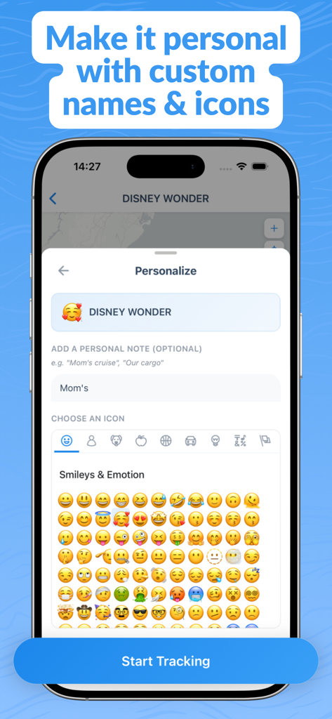 Interface for personalizing vessel tracking with custom names and emoji icons.