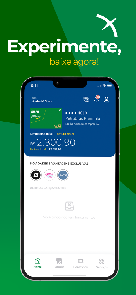 BRB - Cartão Petrobras Premmia - Tela inicial do aplicativo móvel BRB Petrobras Premmia mostrando detalhes do cartão de crédito e saldo da conta.