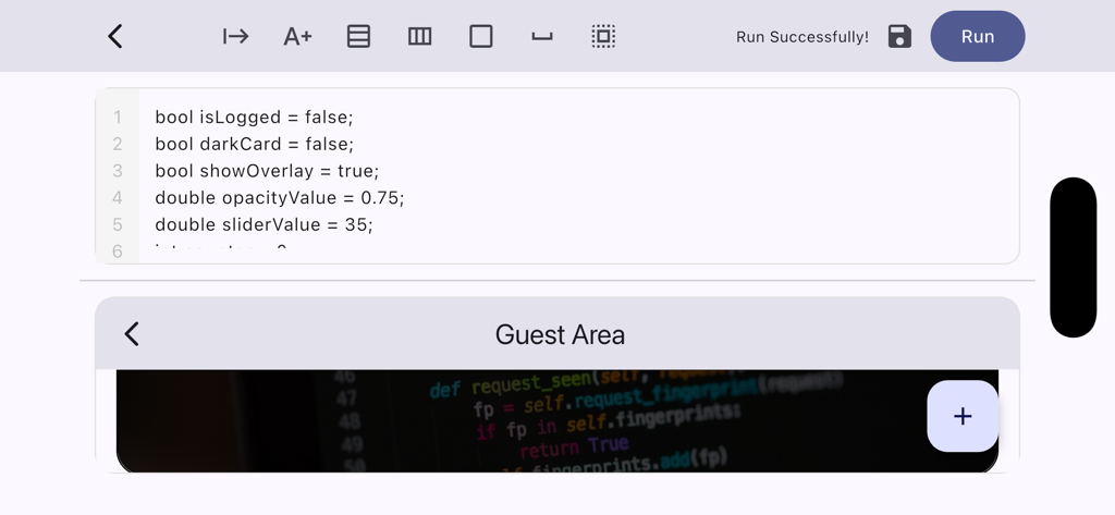 Flutter editor - Interface mobile do editor Flutter mostrando trechos de código Dart e um botão de execução