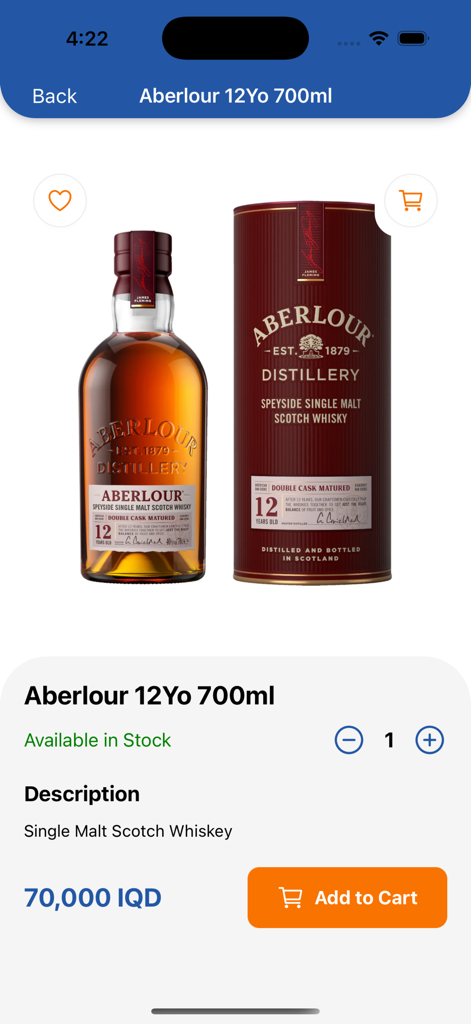 Drinksify - Liquor Delivery - Drinksify app product page for Aberlour 12 Year Old Single Malt Scotch Whiskey showing price and add to cart button