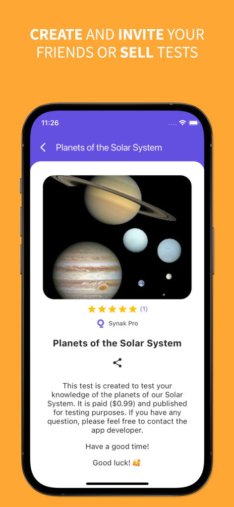Screenshot of Synak Pro app showing a quiz on Planets of the Solar System with a feature to create and sell tests
