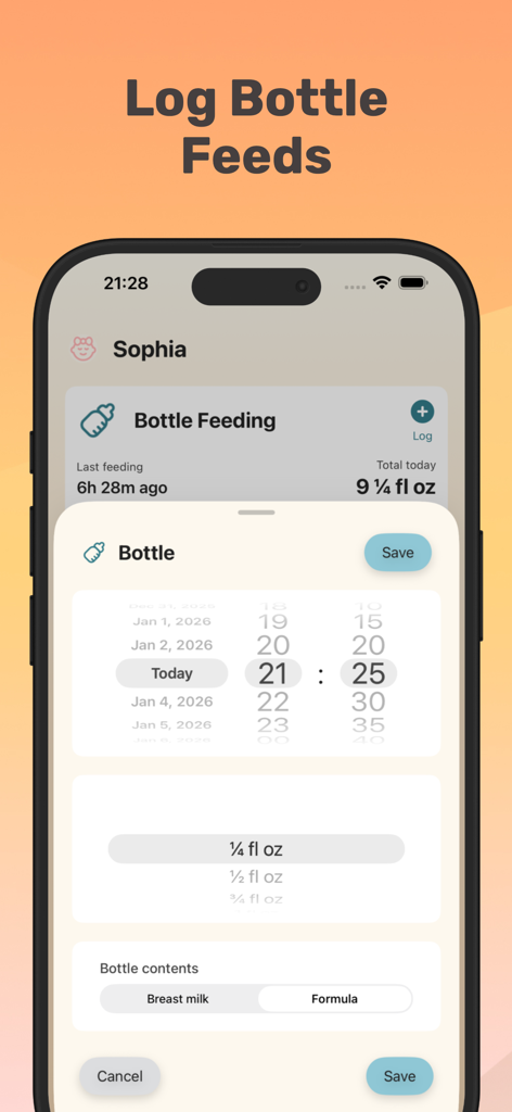Baby Feeding Tracker NooraBaby - Noora Babyアプリのインターフェース。時間と量を含む哺乳瓶での授乳の記録方法を示しています。