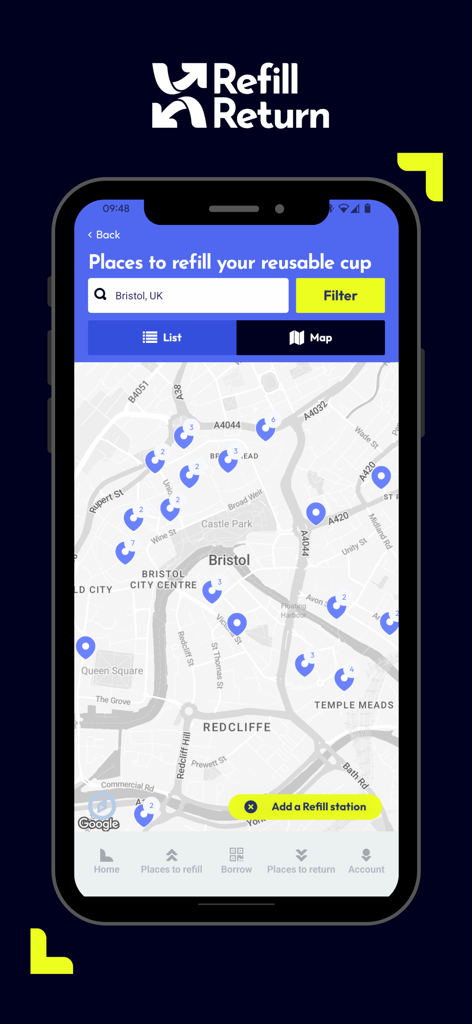Refill Return - Refill Return app showing a map of locations to refill reusable cups in a city