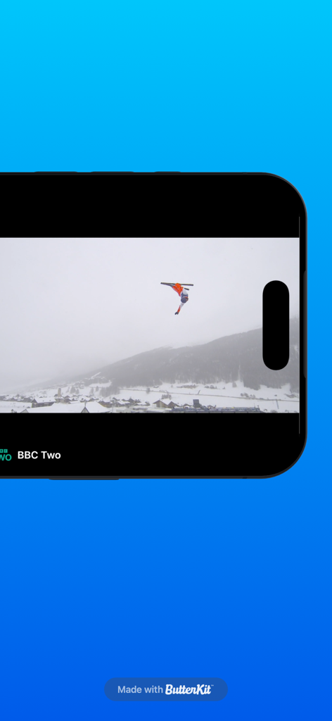 KDTIVI - IPTV, Plex & Stremio - KDTIVI app streaming a winter sports broadcast on BBC Two in landscape mode on an iPhone