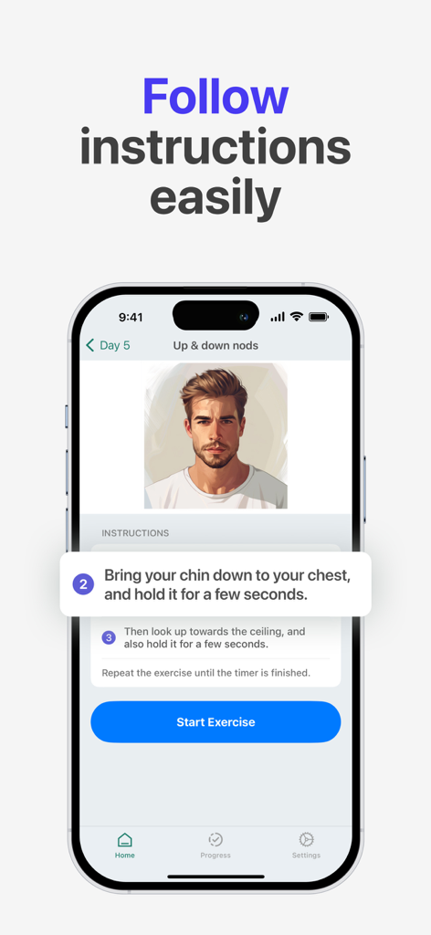 Jawline Exercises: Mewing Men - Mobile app interface showing step by step instructions for a jawline exercise with a start button and exercise illustration