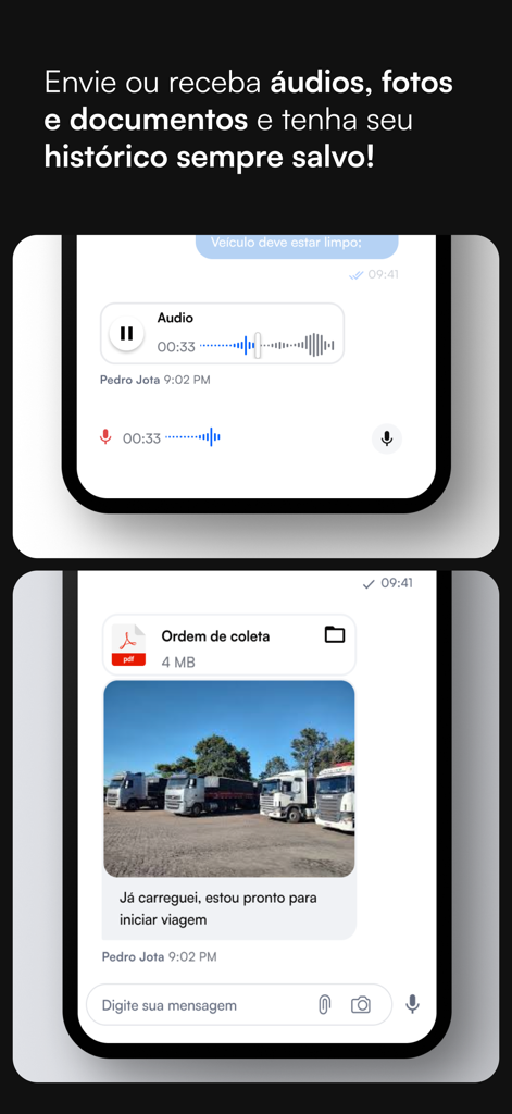 Interfaccia dell'app Fretebras Chat Empresa che mostra messaggi audio condivisi, documenti PDF e foto di camion per la negoziazione di merci.