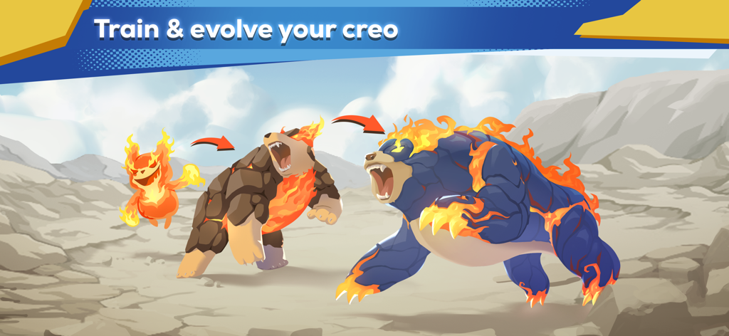 EvoCreo2: Monster Trainer RPG - Una secuencia que muestra tres etapas de evolución para un monstruo basado en fuego en EvoCreo 2
