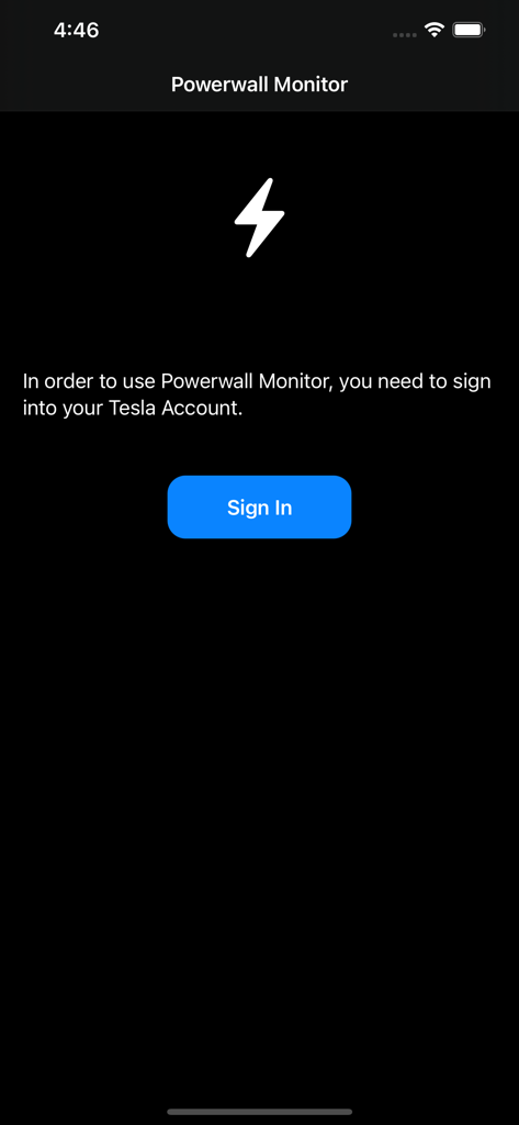 Powerwall Monitor - Schermata di accesso dell'app Powerwall Monitor che richiede l'accesso all'Account Tesla