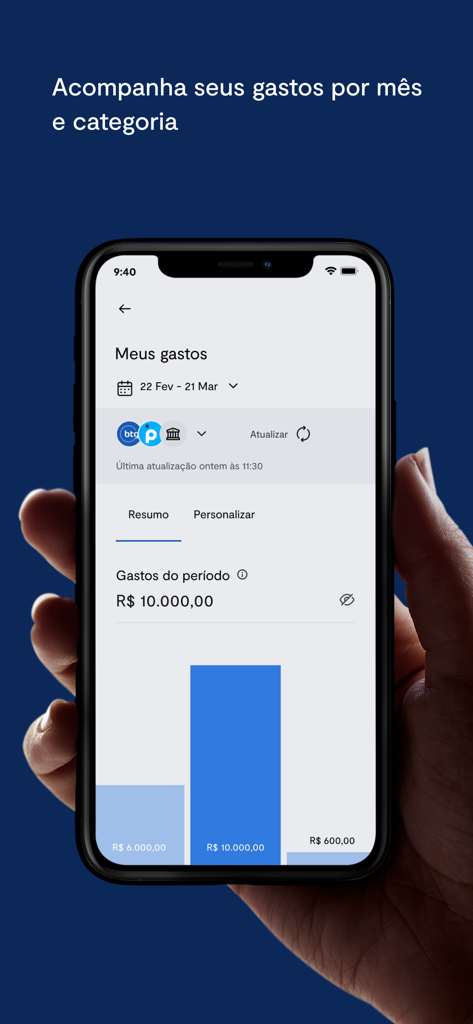 BTG Pactual Banking - BTG Pactual Banking App Benutzeroberfläche zeigt eine monatliche Ausgabenübersicht und eine Ausgaben-Chart