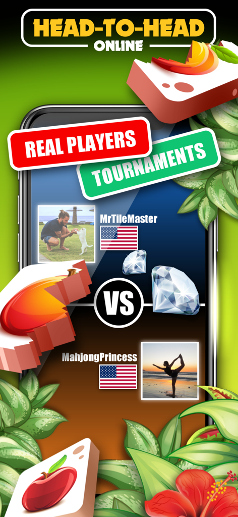 Head-to-head online mahjong tournament screen featuring real players and prizes.