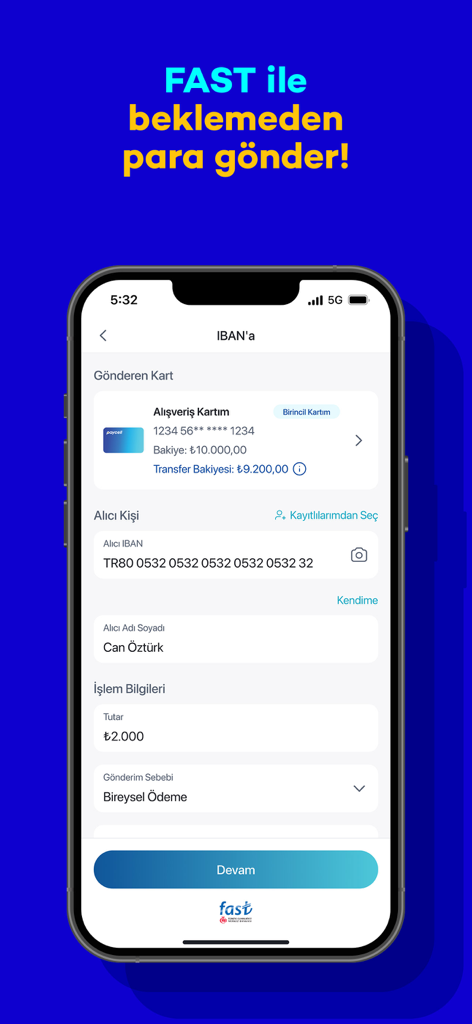 Paycell - Digital Wallet - Pantalla de la aplicación Paycell mostrando un formulario de transferencia de dinero IBAN con el sistema FAST turco.