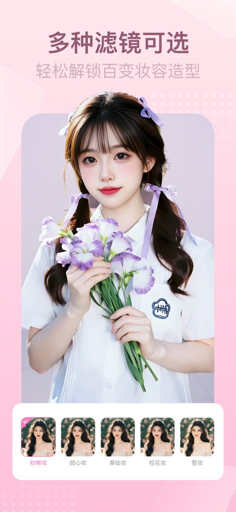 超美相机-美颜特效滤镜 - A woman showcasing different makeup filter options in the Ultra Beautiful Camera app interface