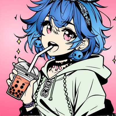 hot baddie anime girl drinking boba and biting the straw