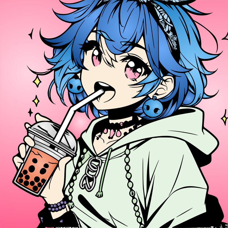 hot baddie anime girl drinking boba and biting the straw