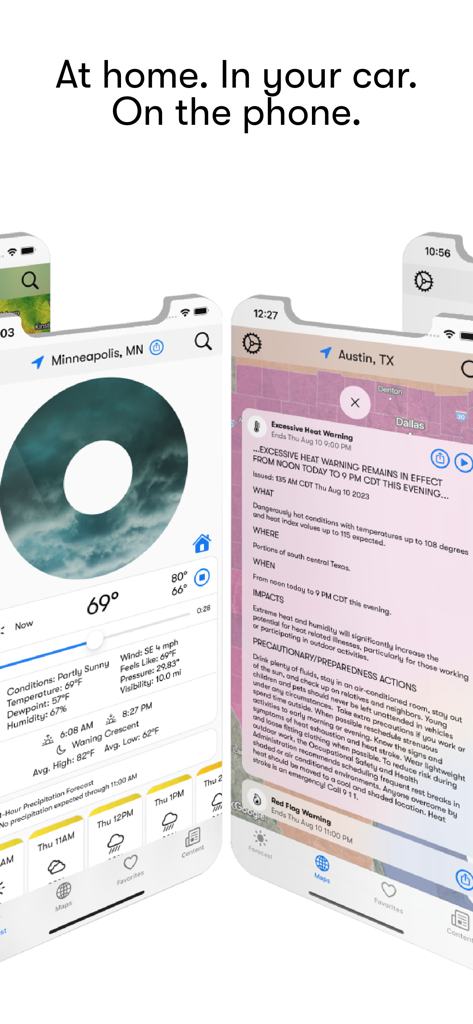 Weatherology app screens showing audio weather reports and severe weather alerts.